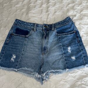 Blue Jean Shorts with High-Waisted Design and Distressed Look